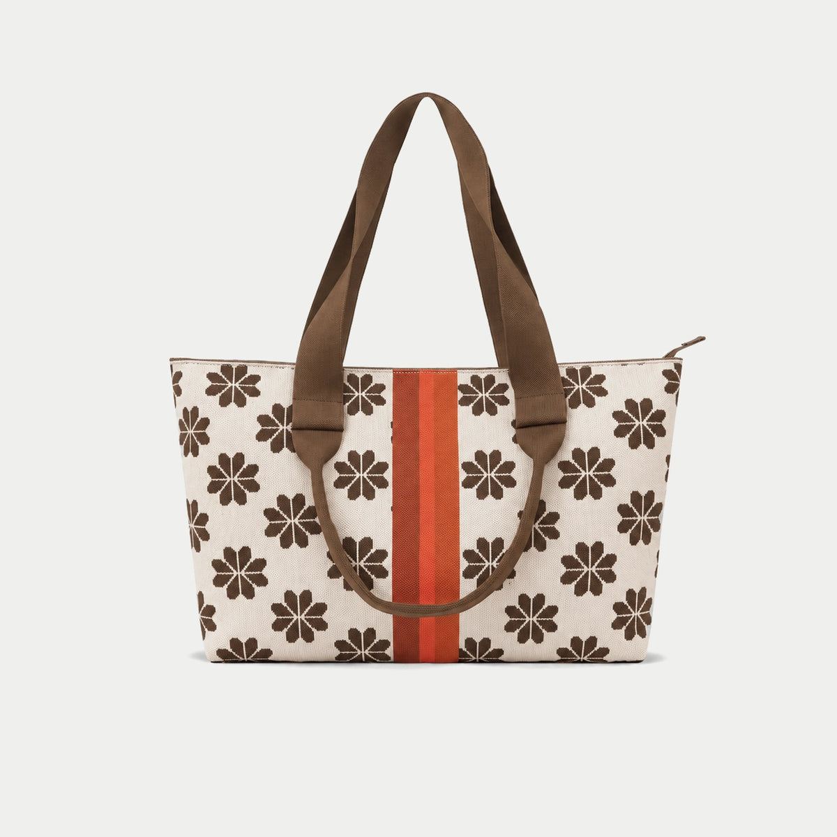 Beige classic floral knit large tote bag featuring brown floral motifs, a central orange stripe, brown handles and a top zip closure by Tokeii