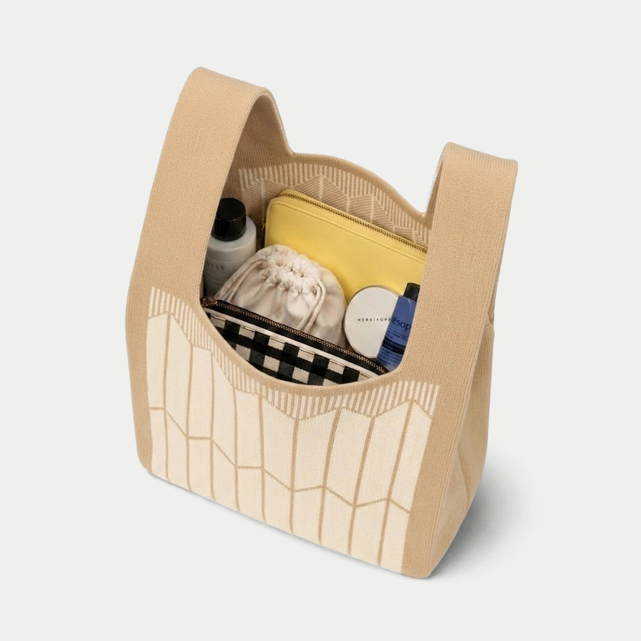 Pleated Geometric Knit Tote Bag