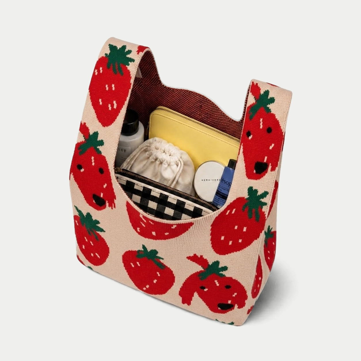 Strawberry Dog Pattern Knit Tote Bag