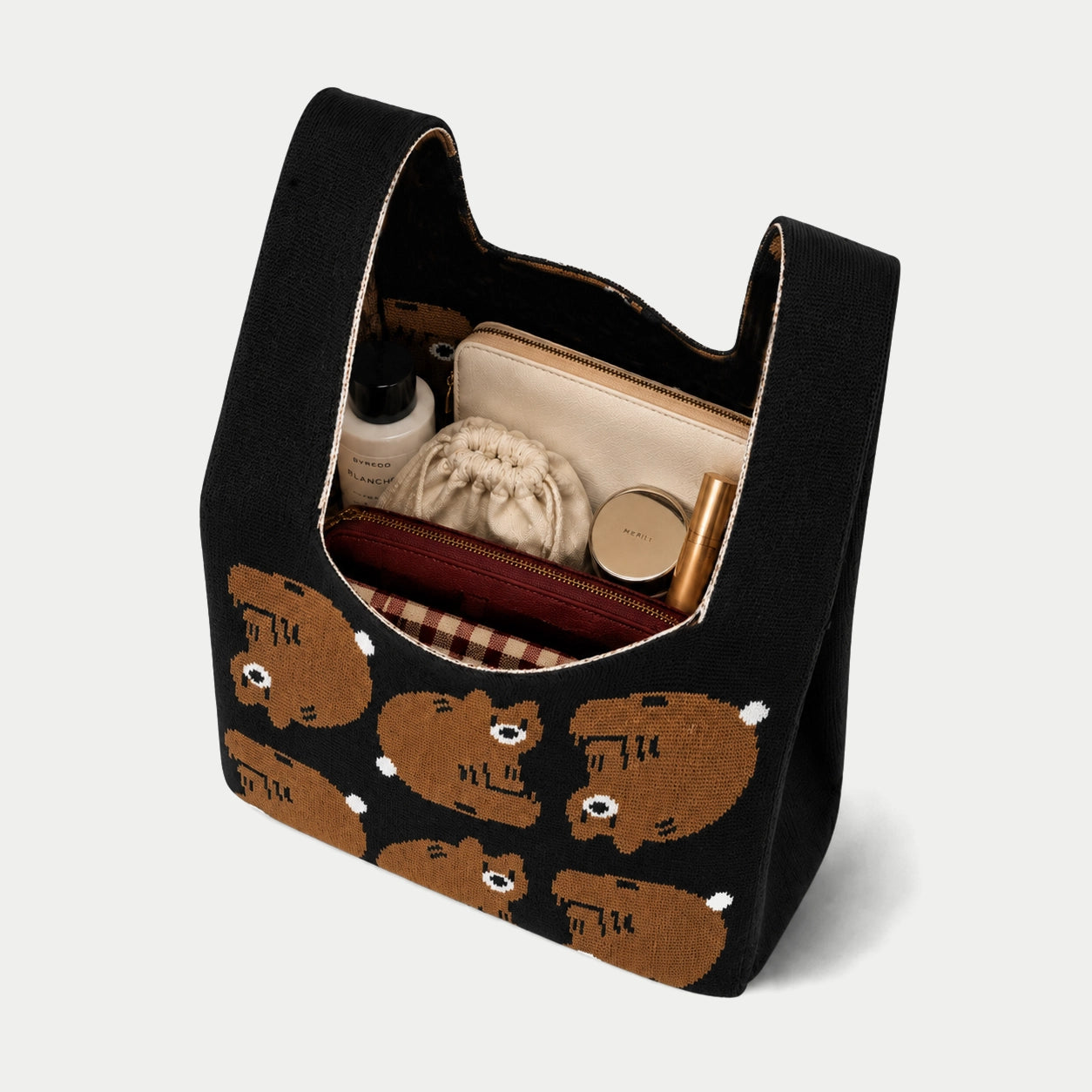 Bear Pattern Knit Tote Bag