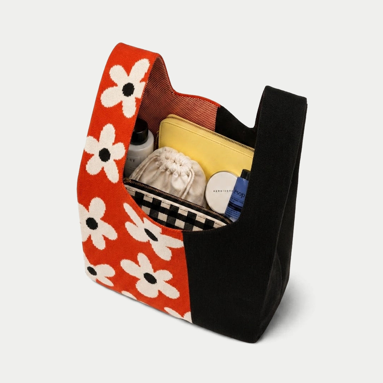 Floral Panel Knit Tote Bag