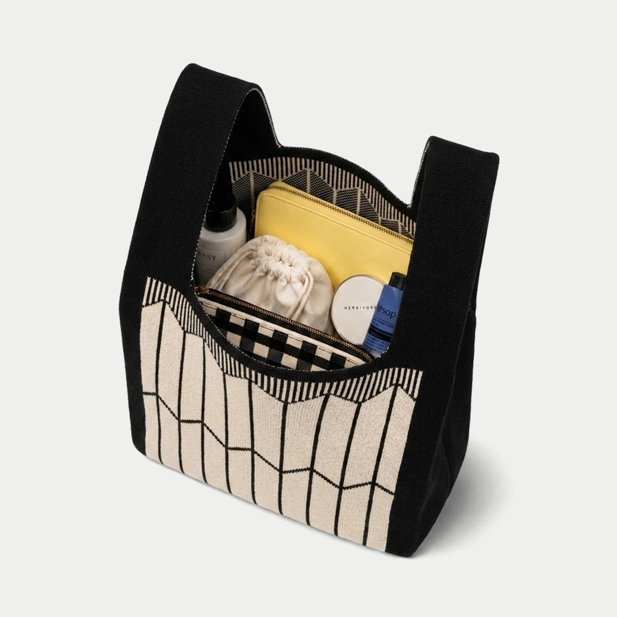 Pleated Geometric Knit Tote Bag