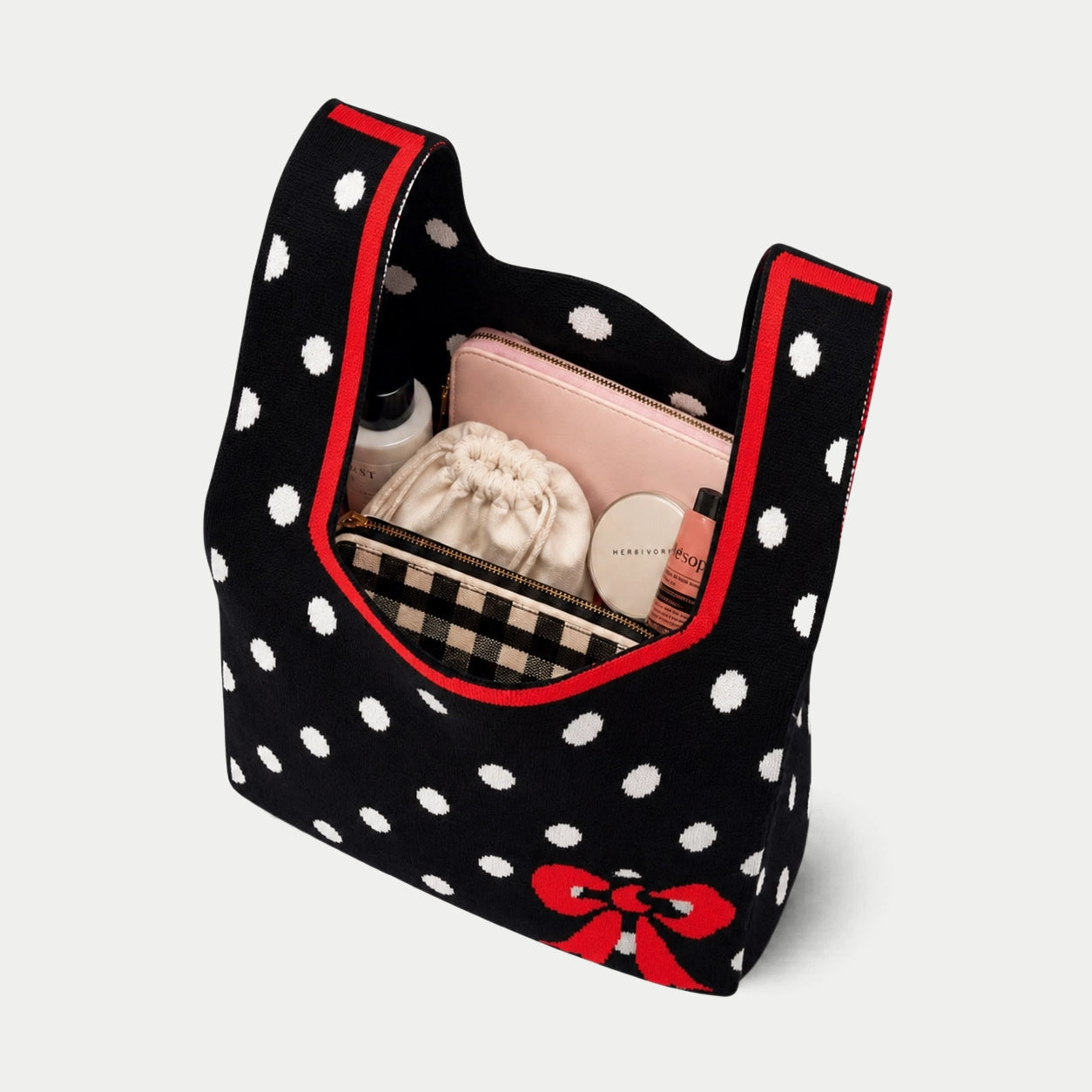 Polka Dot Bow Knit Tote Bag