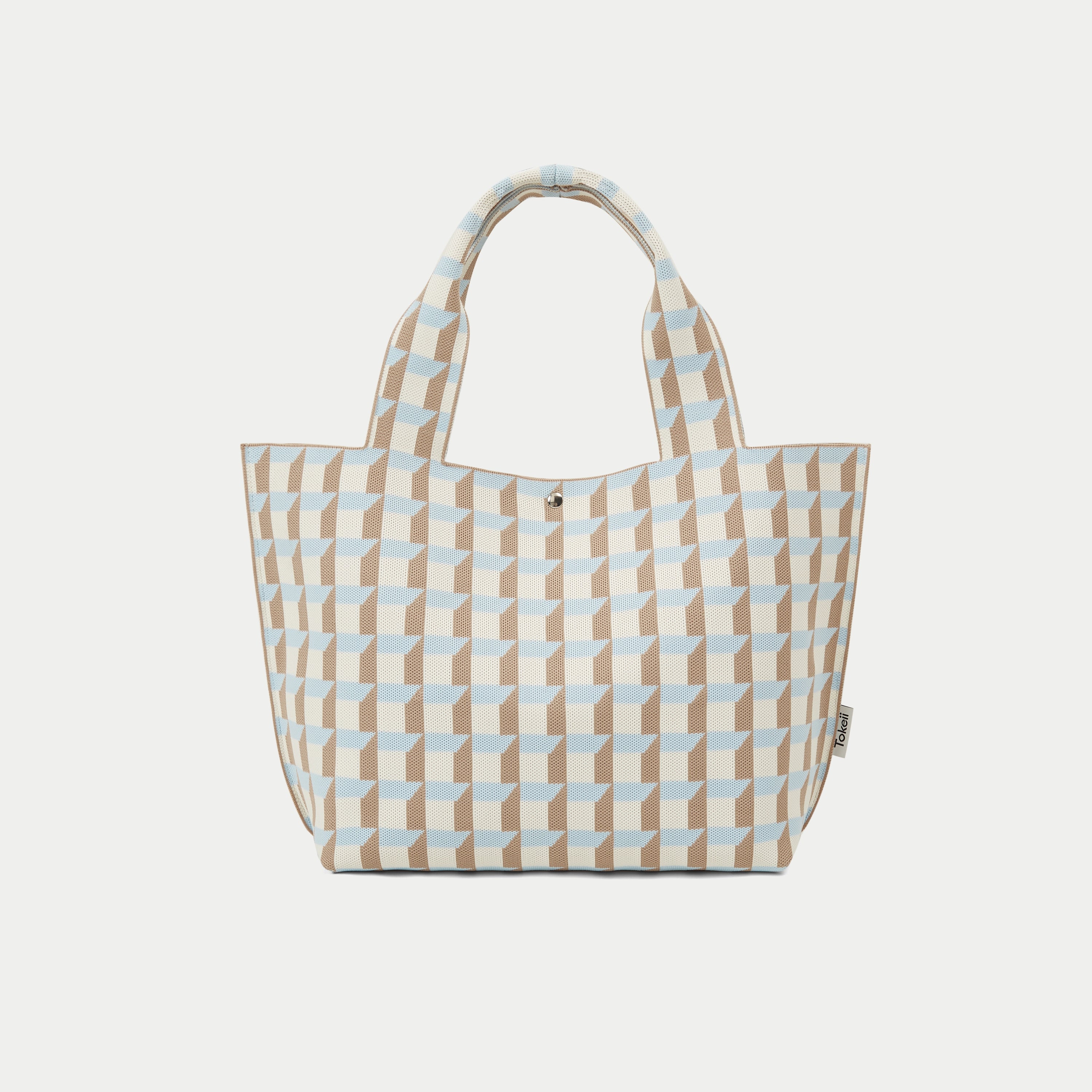 Blue, camel and beige geometric check knitted large tote bag with curved handles and snap closure.