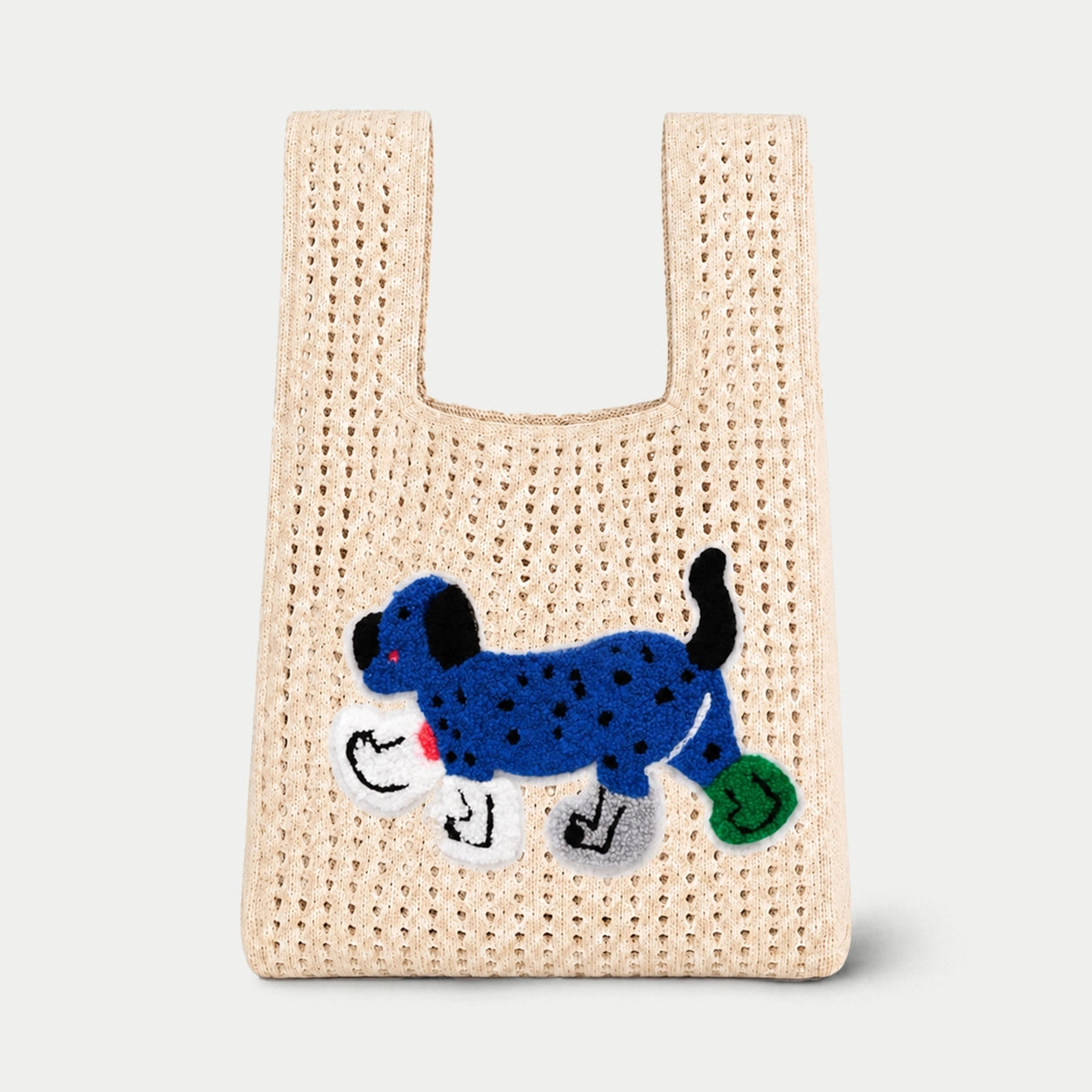 Dog Appliqué Open Knit Tote Bag