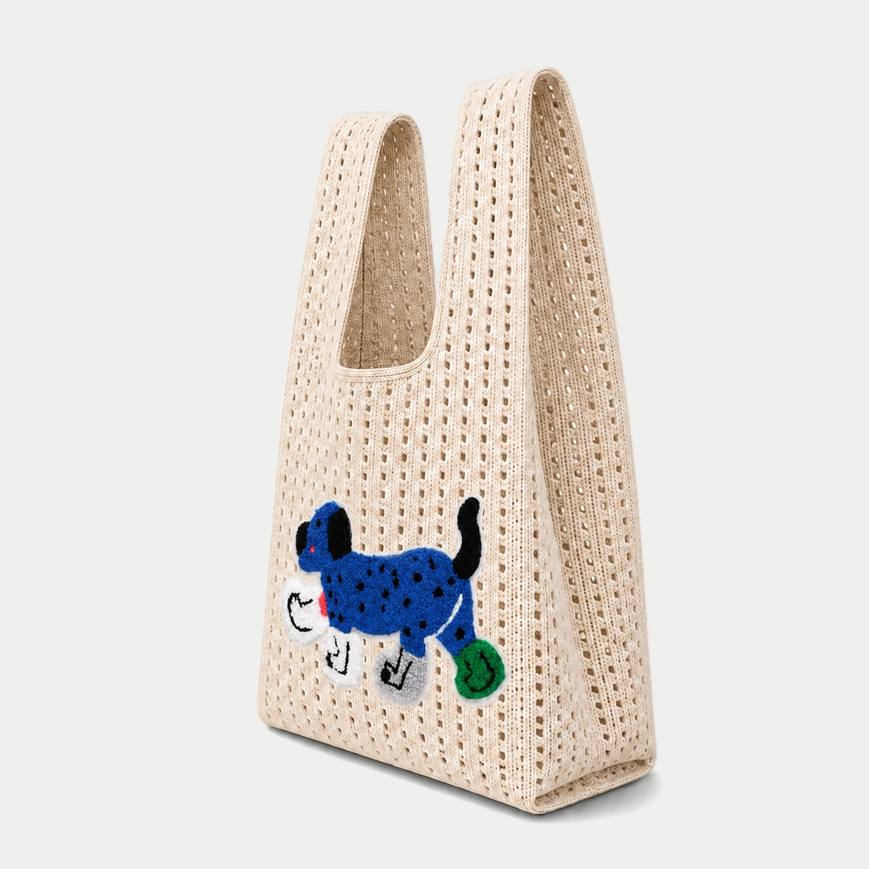 Dog Appliqué Open Knit Tote Bag