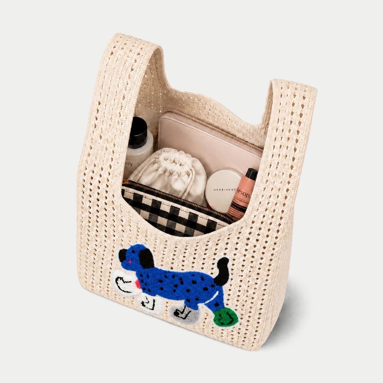 Dog Appliqué Open Knit Tote Bag