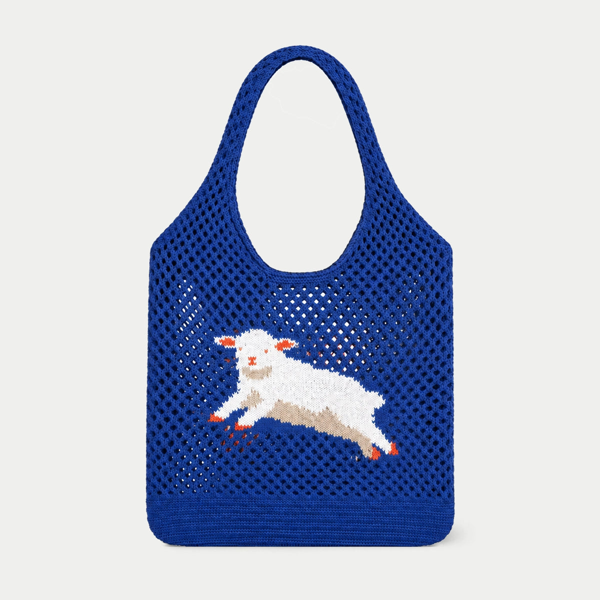 Blue open knit tote bag with a white leaping lamb motif, featuring an airy openwork texture and integrated knitted handles by Tokeii.