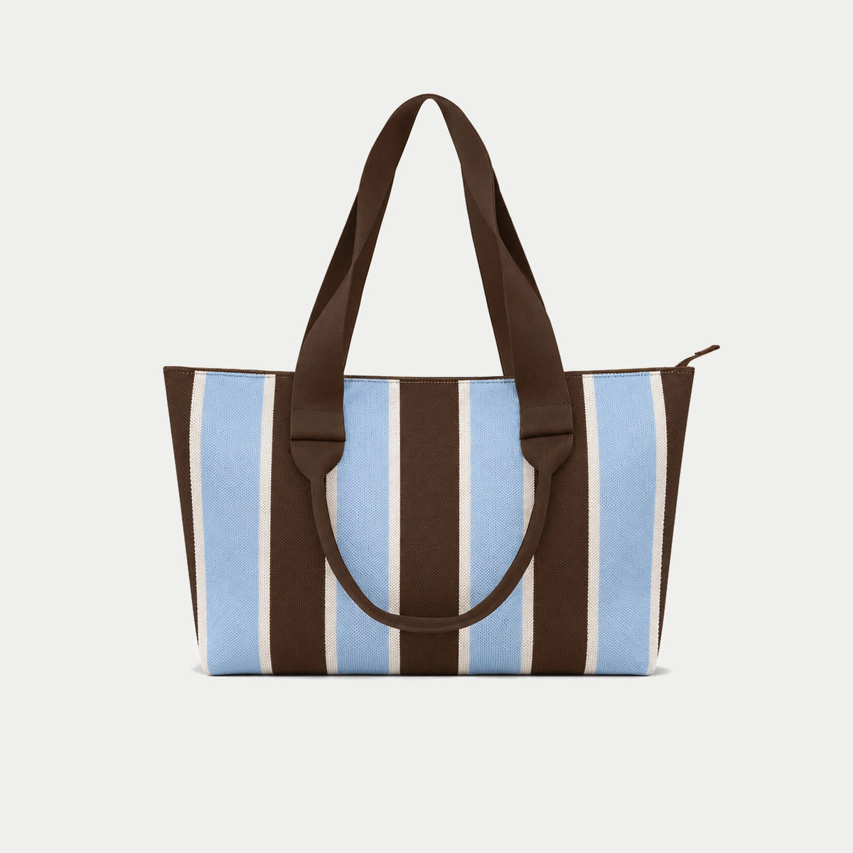 Blue, brown and cream vertical stripe knit large tote bag with contrasting brown shoulder handles and top zip closure by Tokeii.