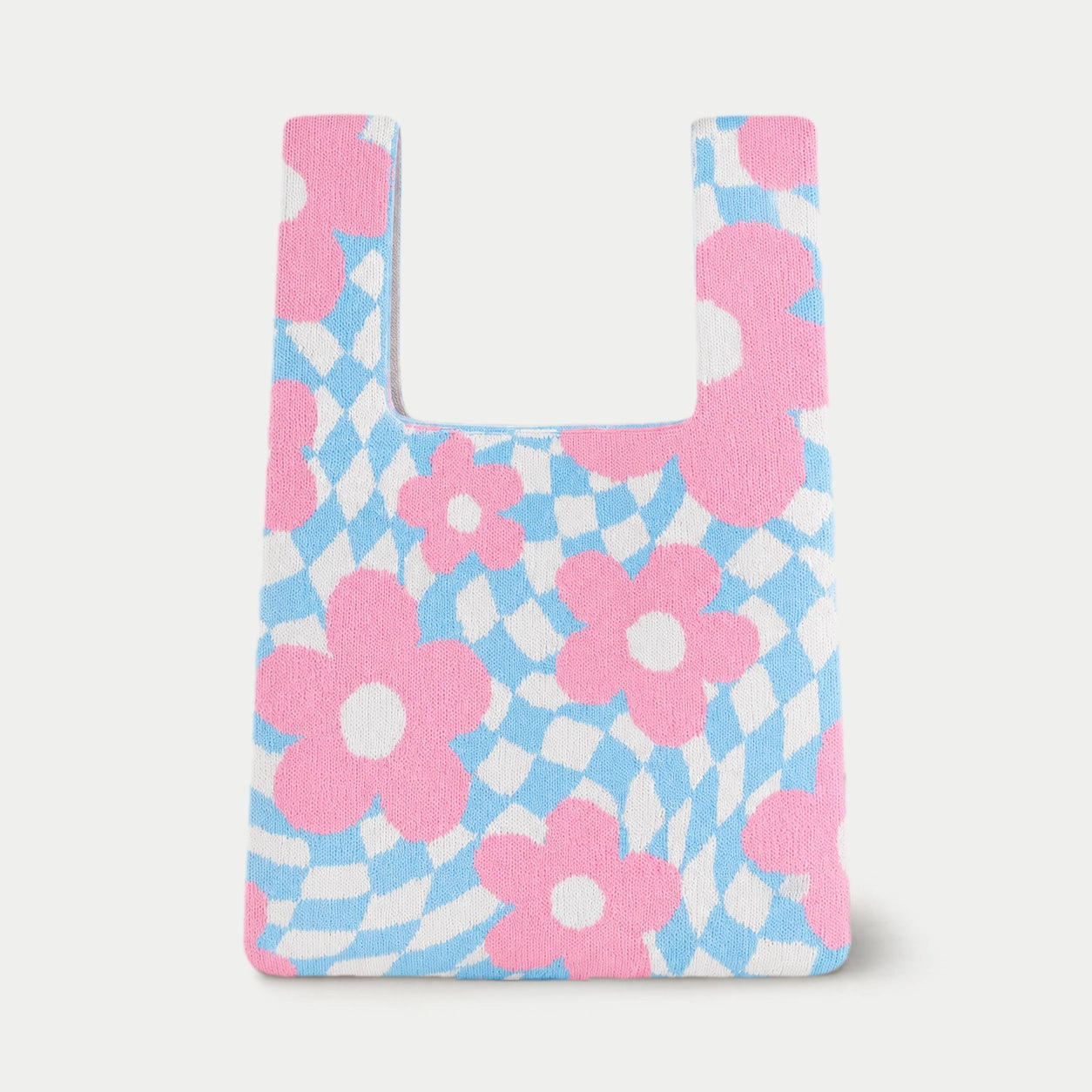 Wavy Floral Checkerboard Knit Tote Bag