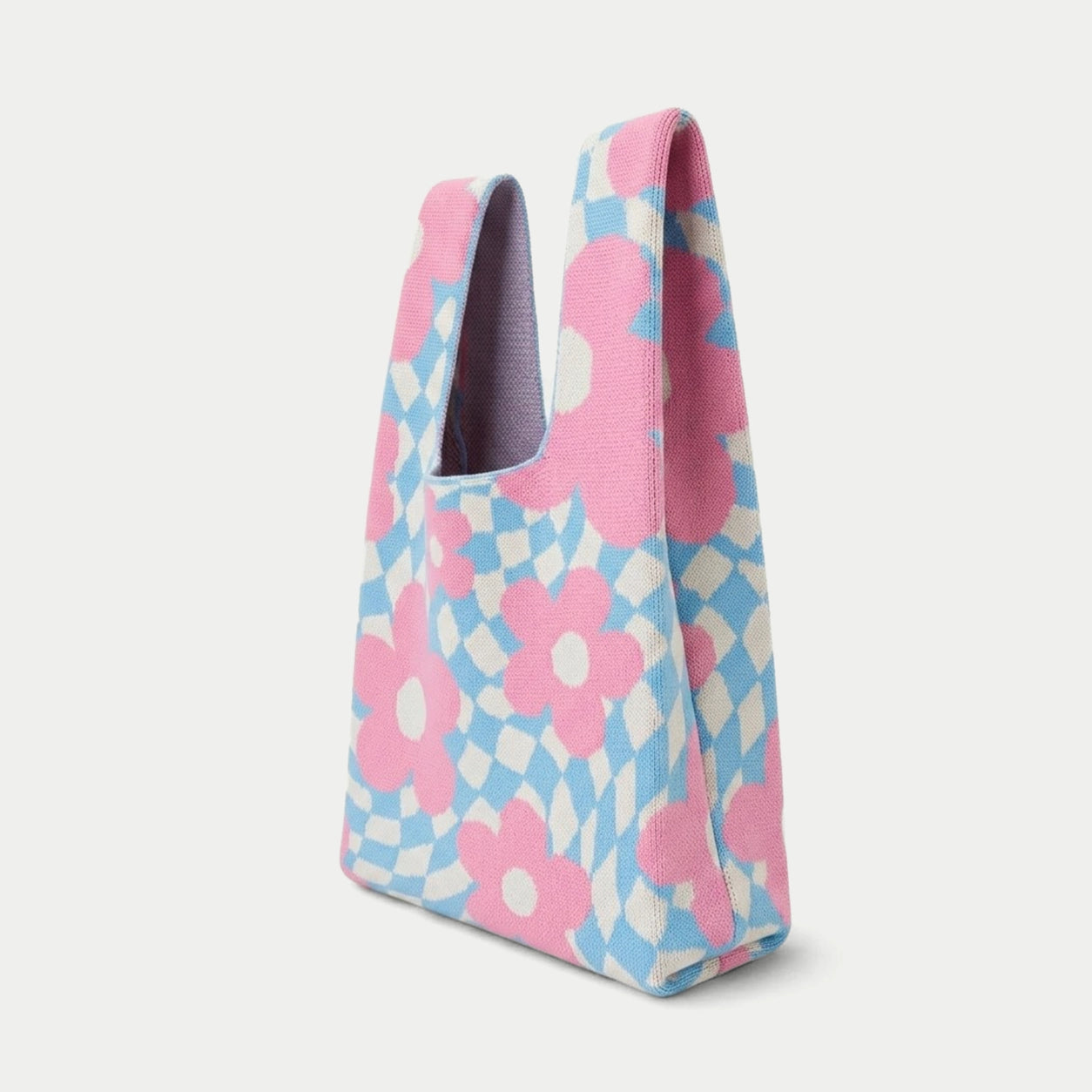 Wavy Floral Checkerboard Knit Tote Bag