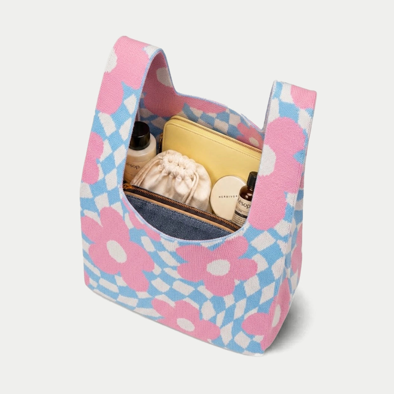 Wavy Floral Checkerboard Knit Tote Bag