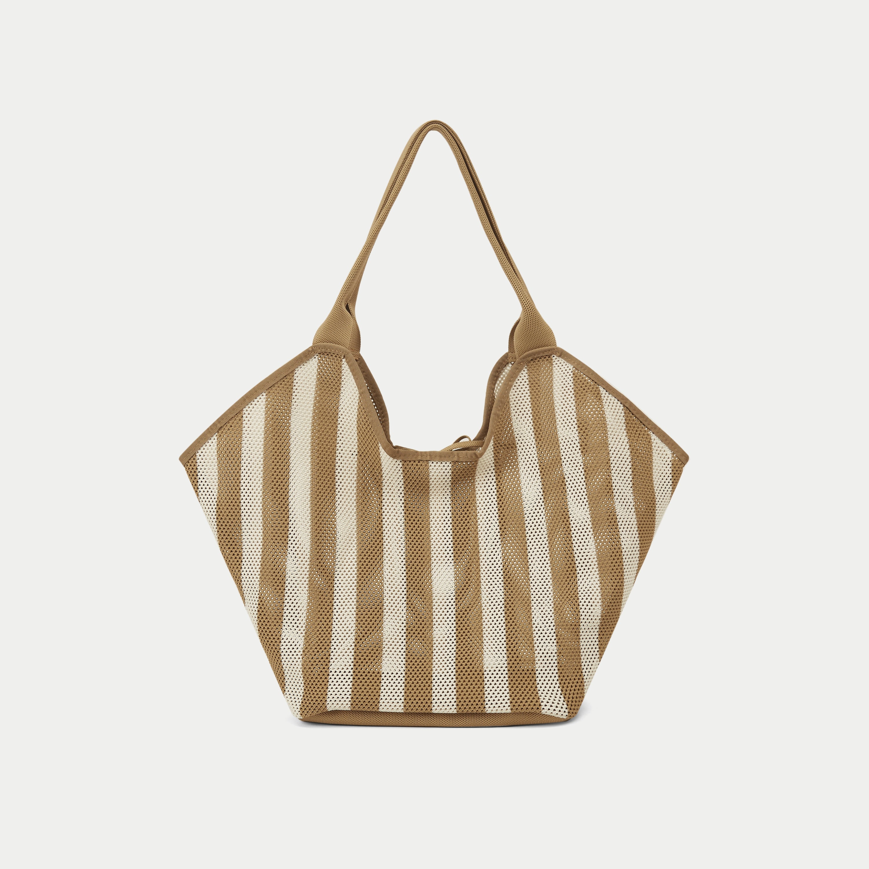 Front view of camel beige and white striped mesh knit tote bag with wide handles and relaxed tote silhouette.
