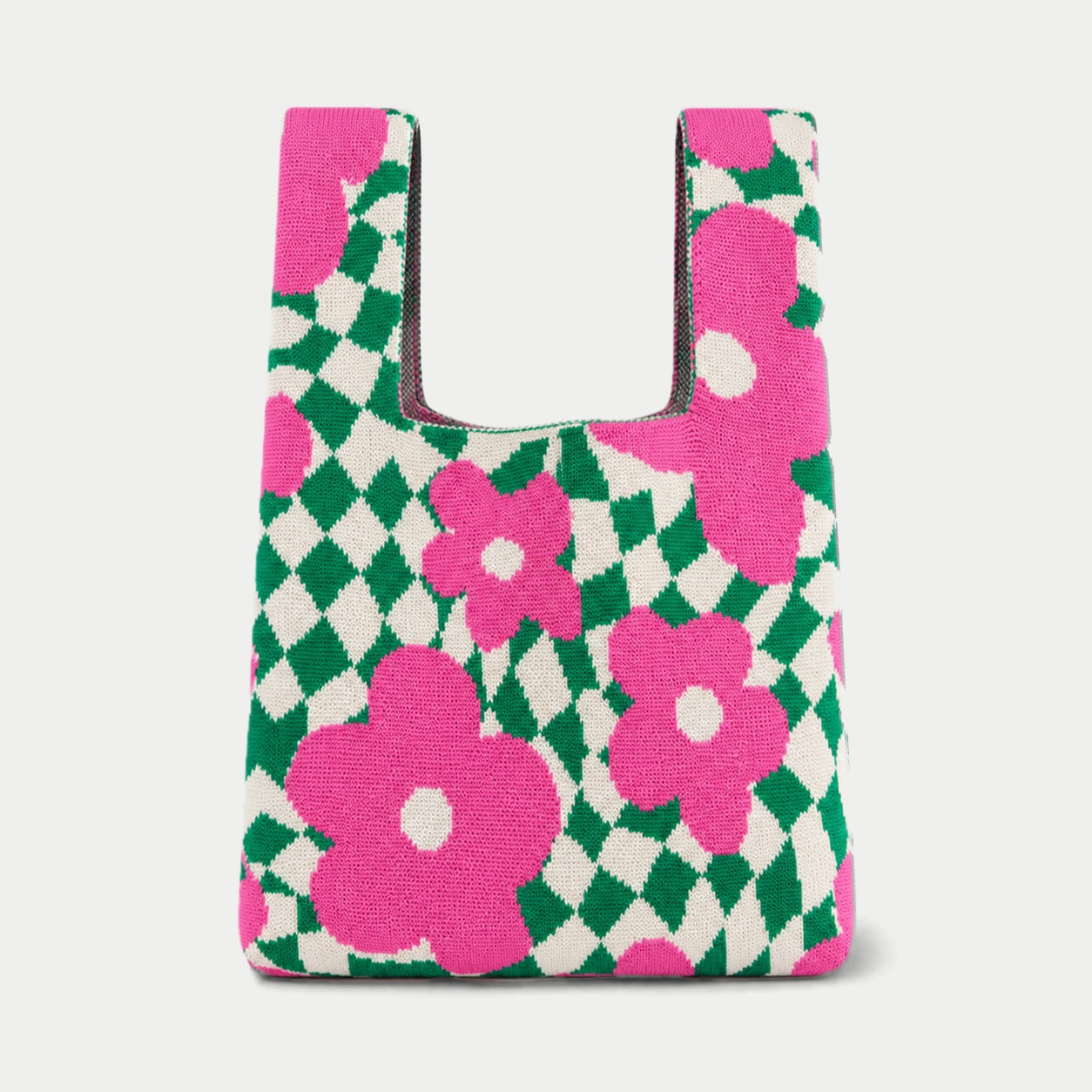 Wavy Floral Checkerboard Knit Tote Bag