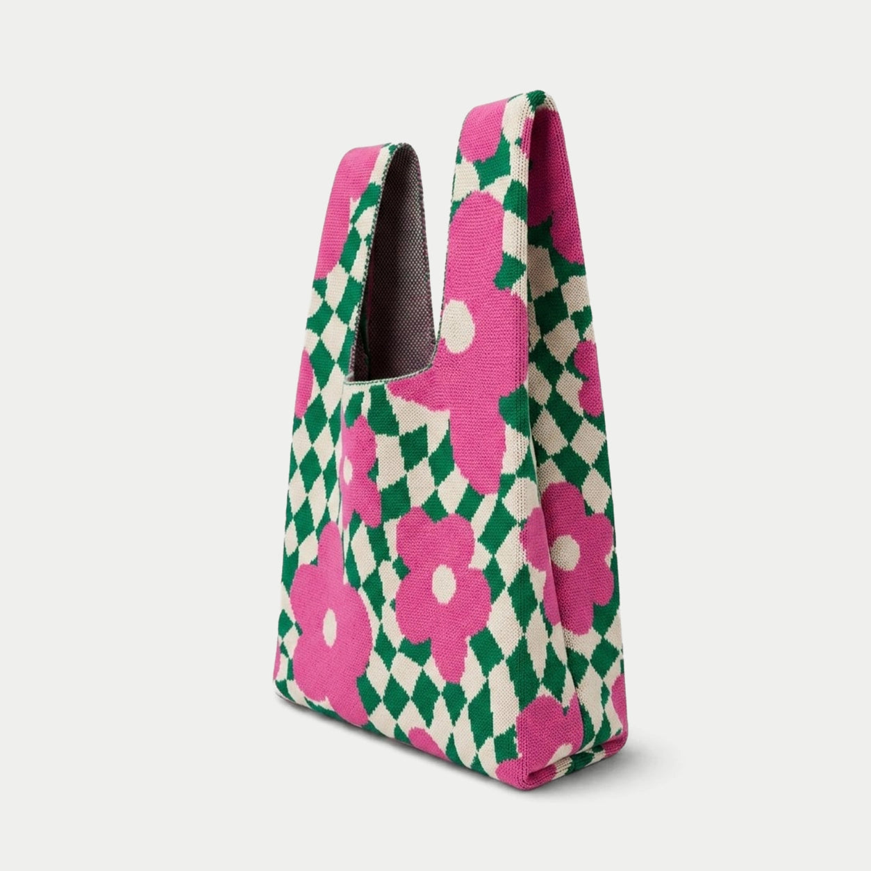 Wavy Floral Checkerboard Knit Tote Bag
