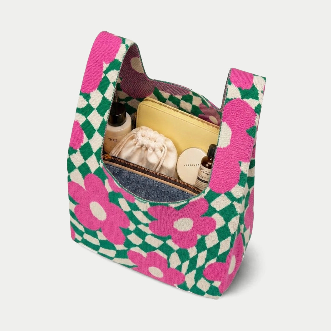 Wavy Floral Checkerboard Knit Tote Bag