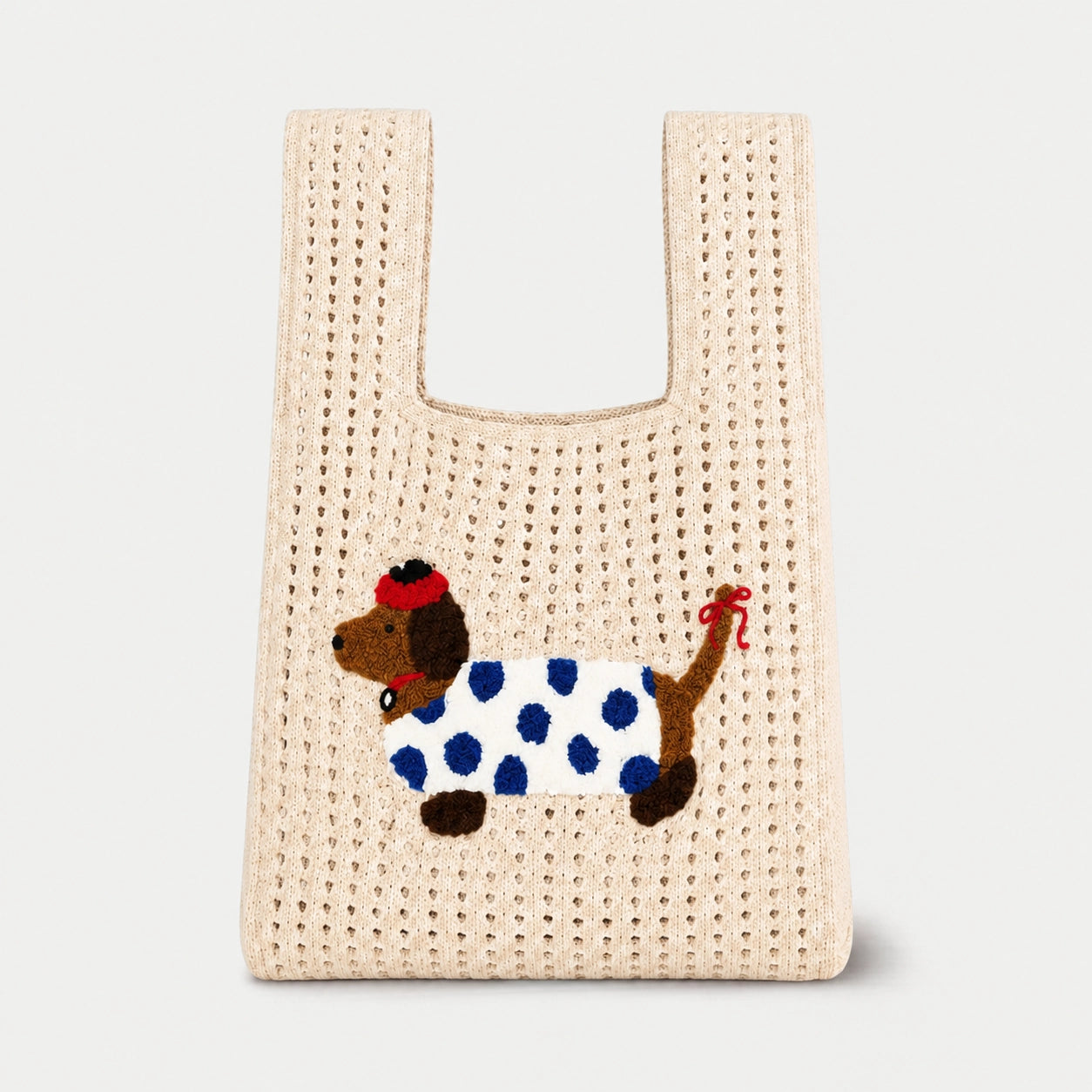 Dog Appliqué Open Knit Tote Bag
