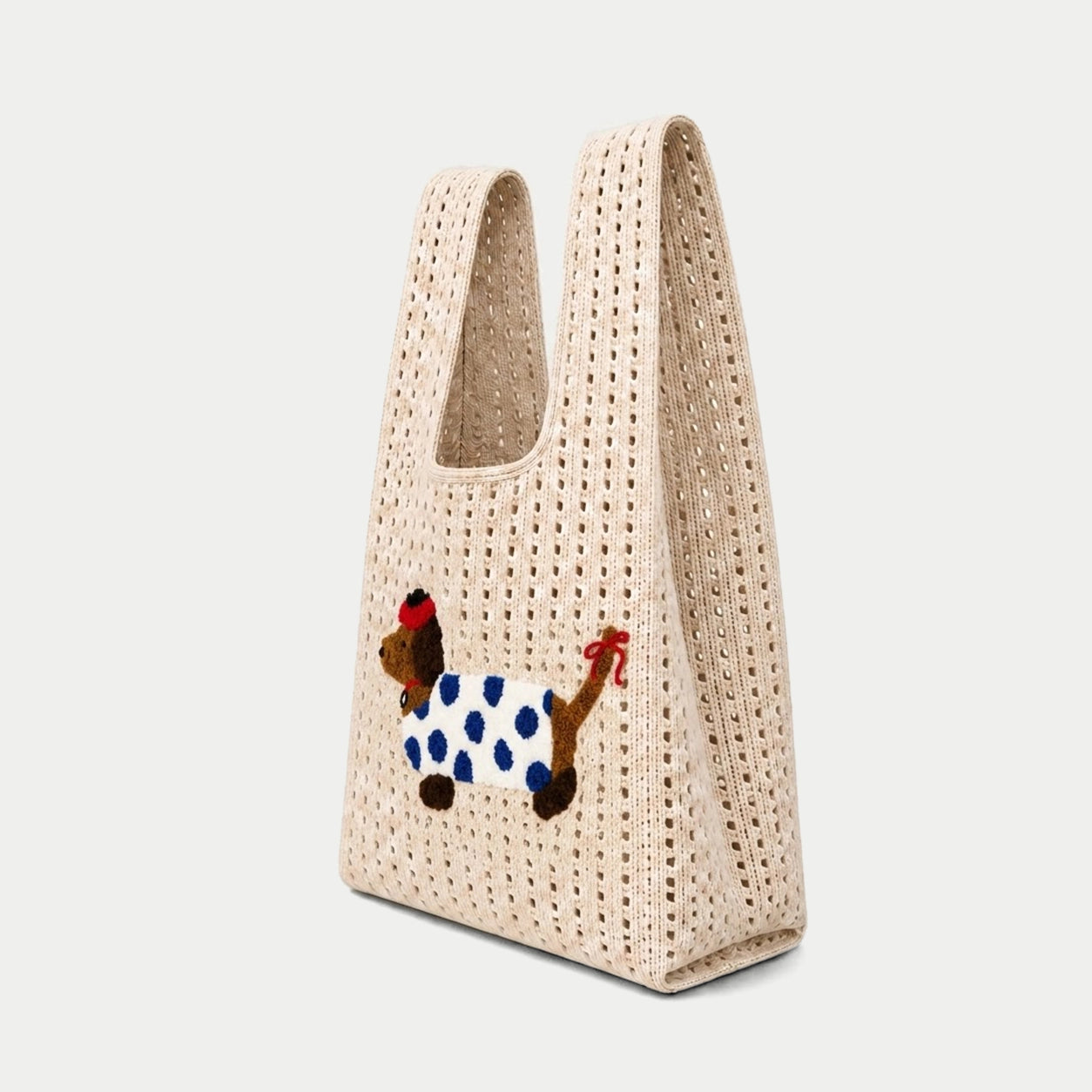 Dog Appliqué Open Knit Tote Bag