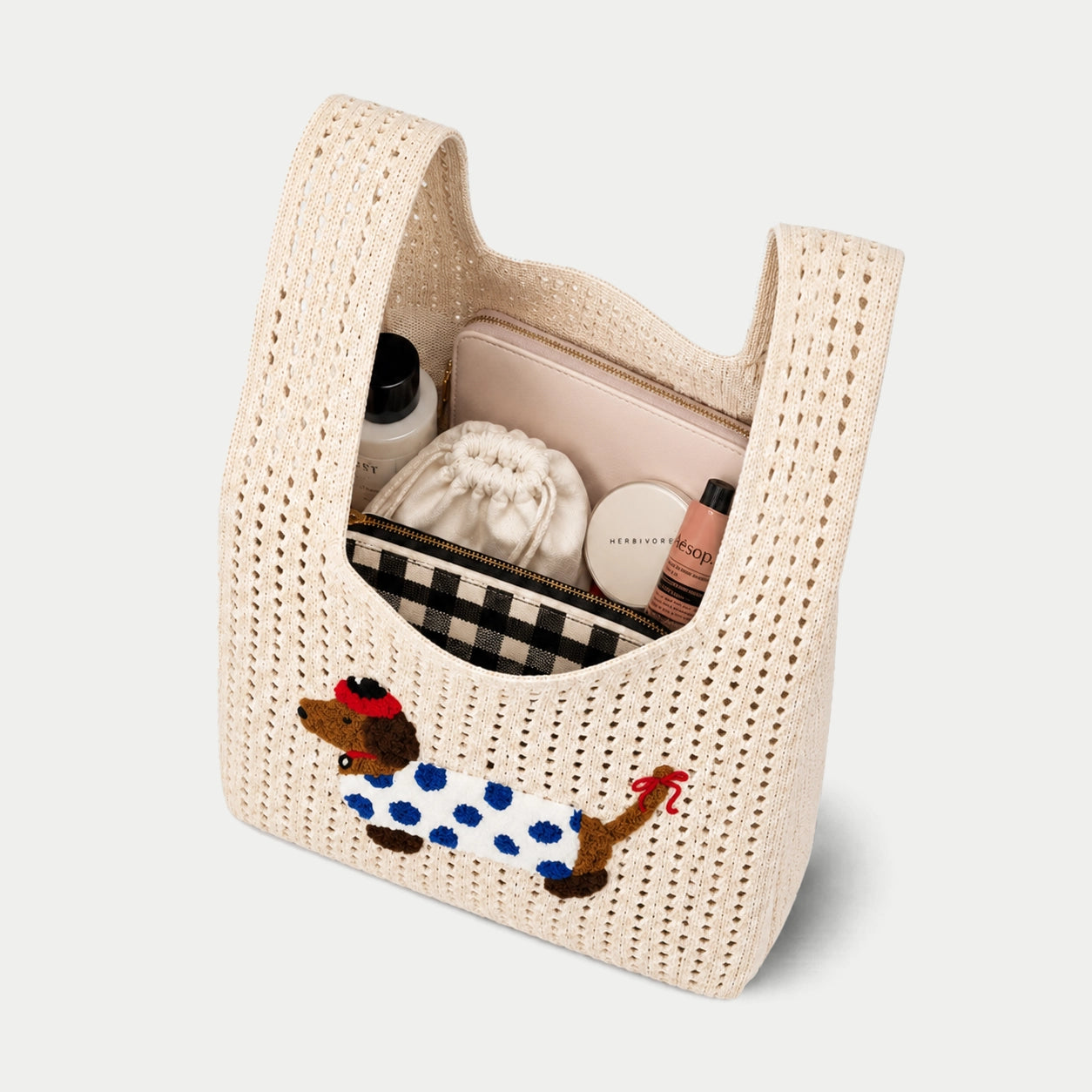 Dog Appliqué Open Knit Tote Bag