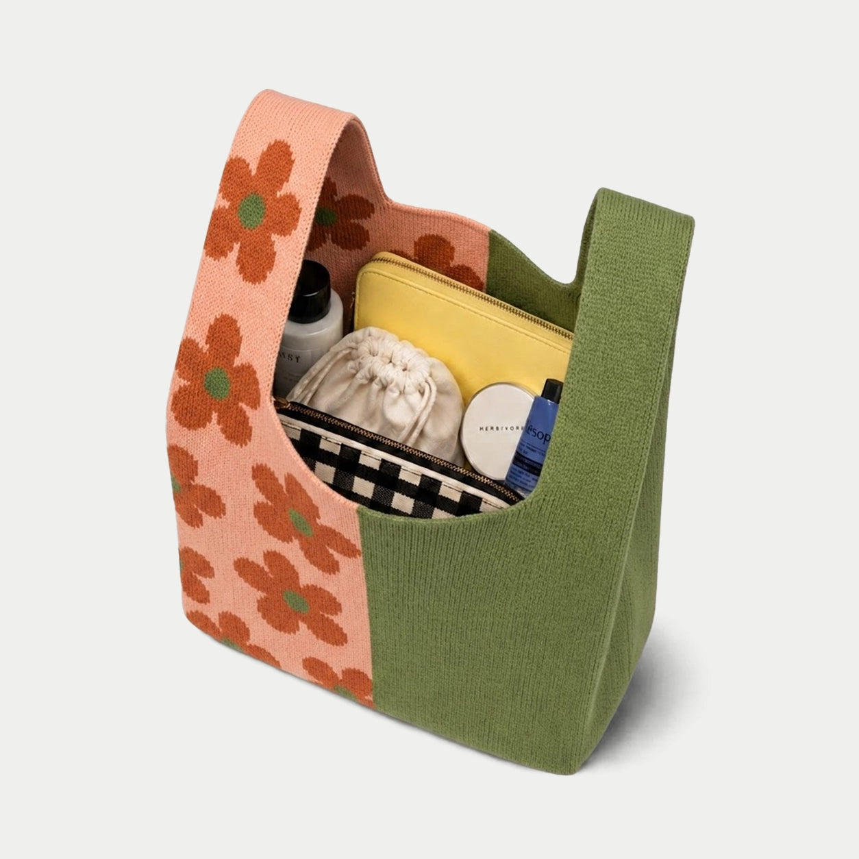 Floral Panel Knit Tote Bag