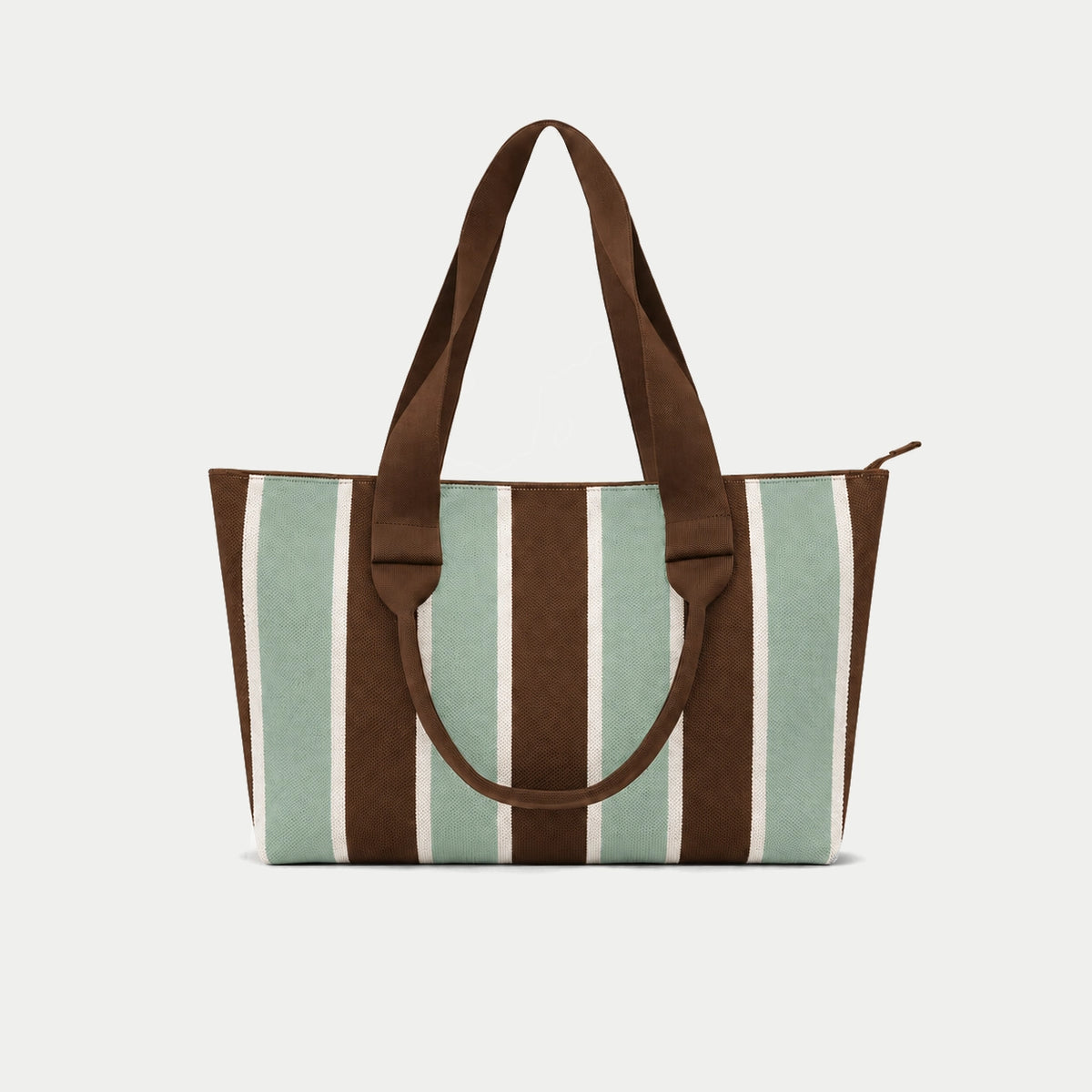 Green, brown and cream vertical stripe knit large tote bag with contrasting brown shoulder handles and top zip closure by Tokeii.