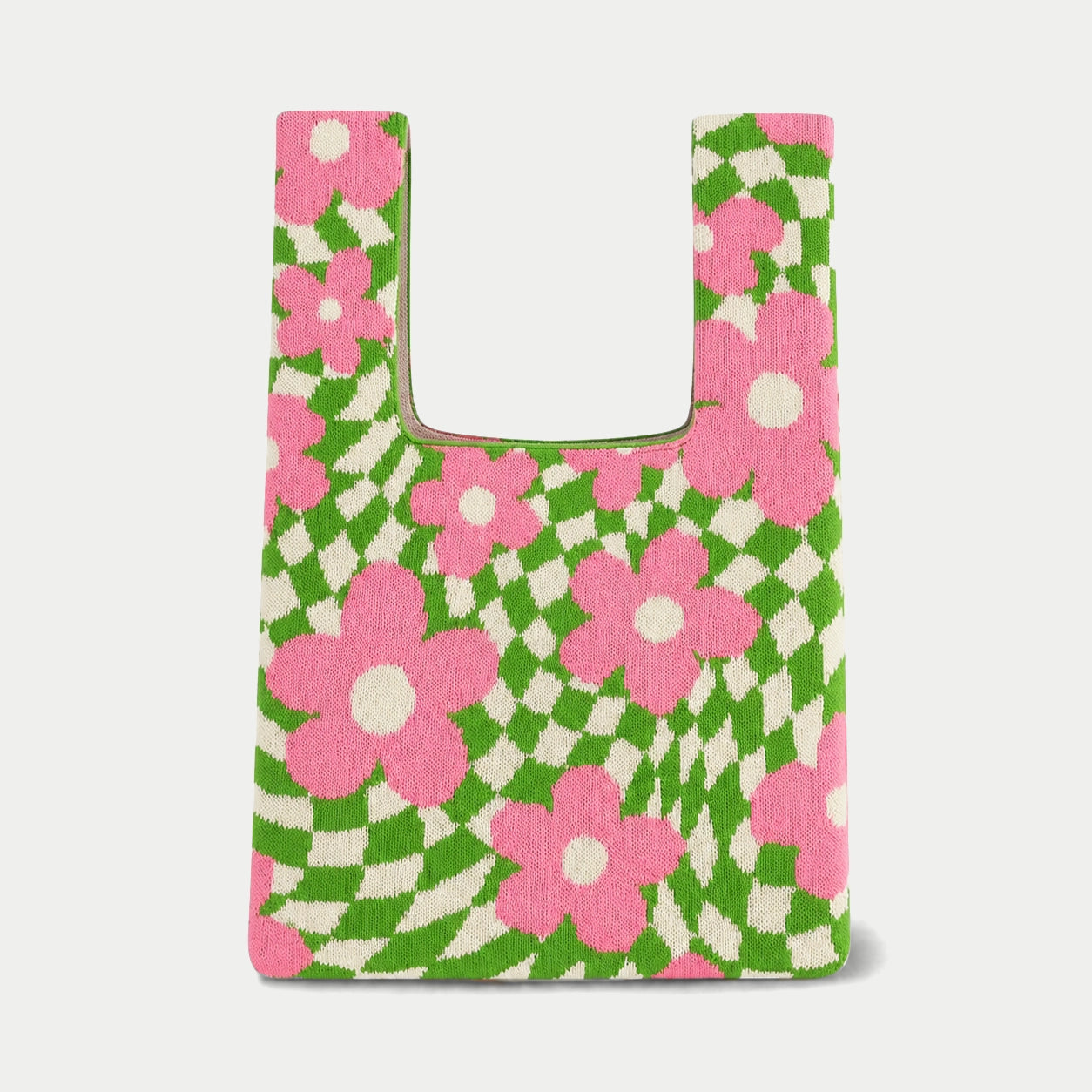 Wavy Floral Checkerboard Knit Tote Bag