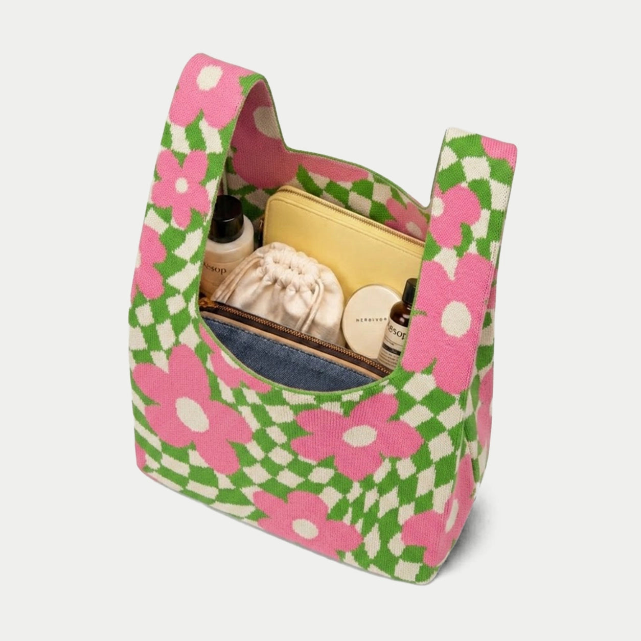 Wavy Floral Checkerboard Knit Tote Bag