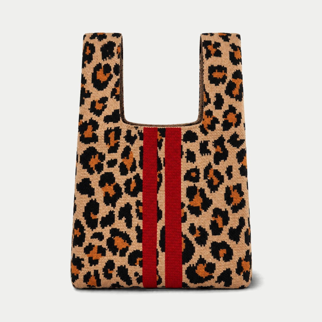 Leopard Contrast Stripe Knit Tote Bag