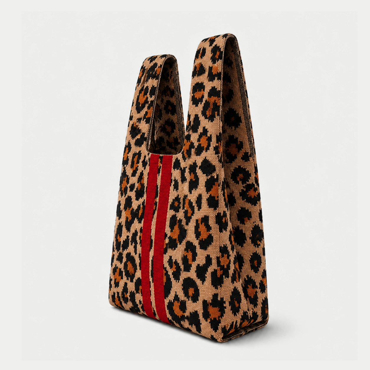 Leopard Contrast Stripe Knit Tote Bag