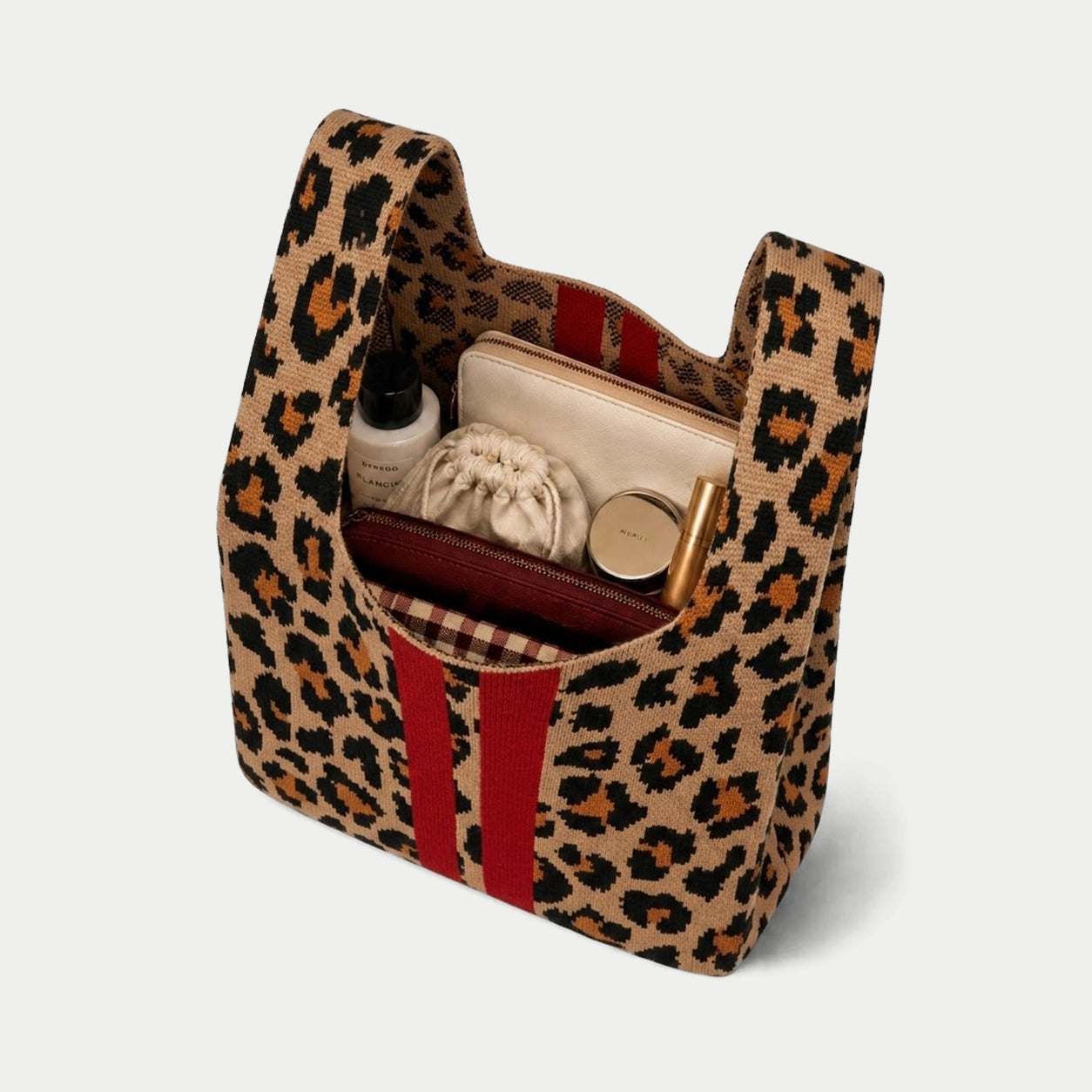 Leopard Contrast Stripe Knit Tote Bag