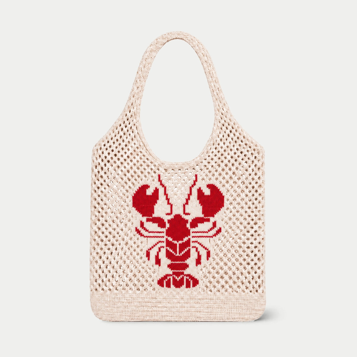 Cream open knit tote bag with a bold red lobster motif, featuring an airy openwork texture and integrated knitted handles by Tokeii.