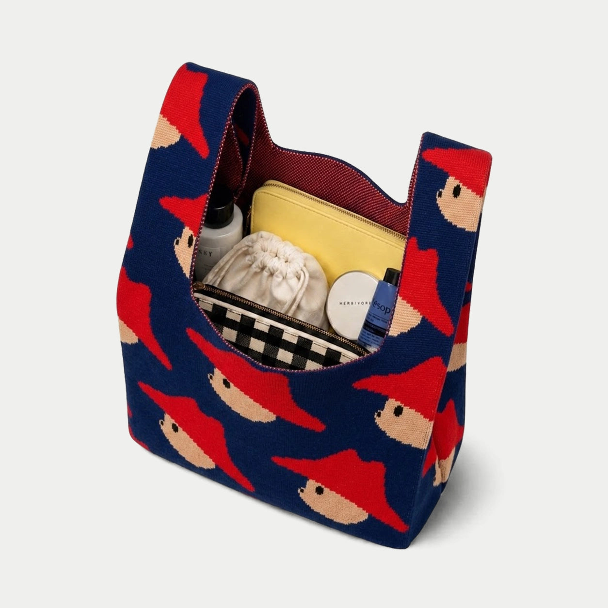 Red Hat Bear Pattern Knit Tote Bag