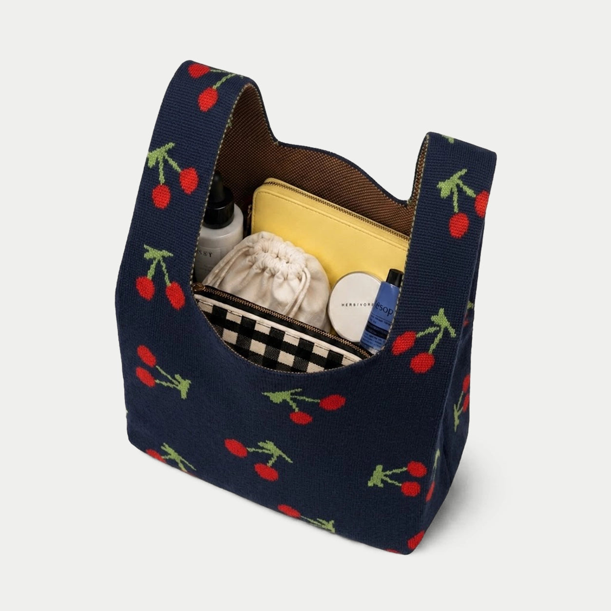 Cherry Pattern Knit Tote Bag