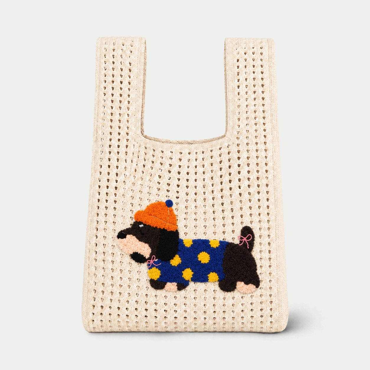 Dog Appliqué Open Knit Tote Bag