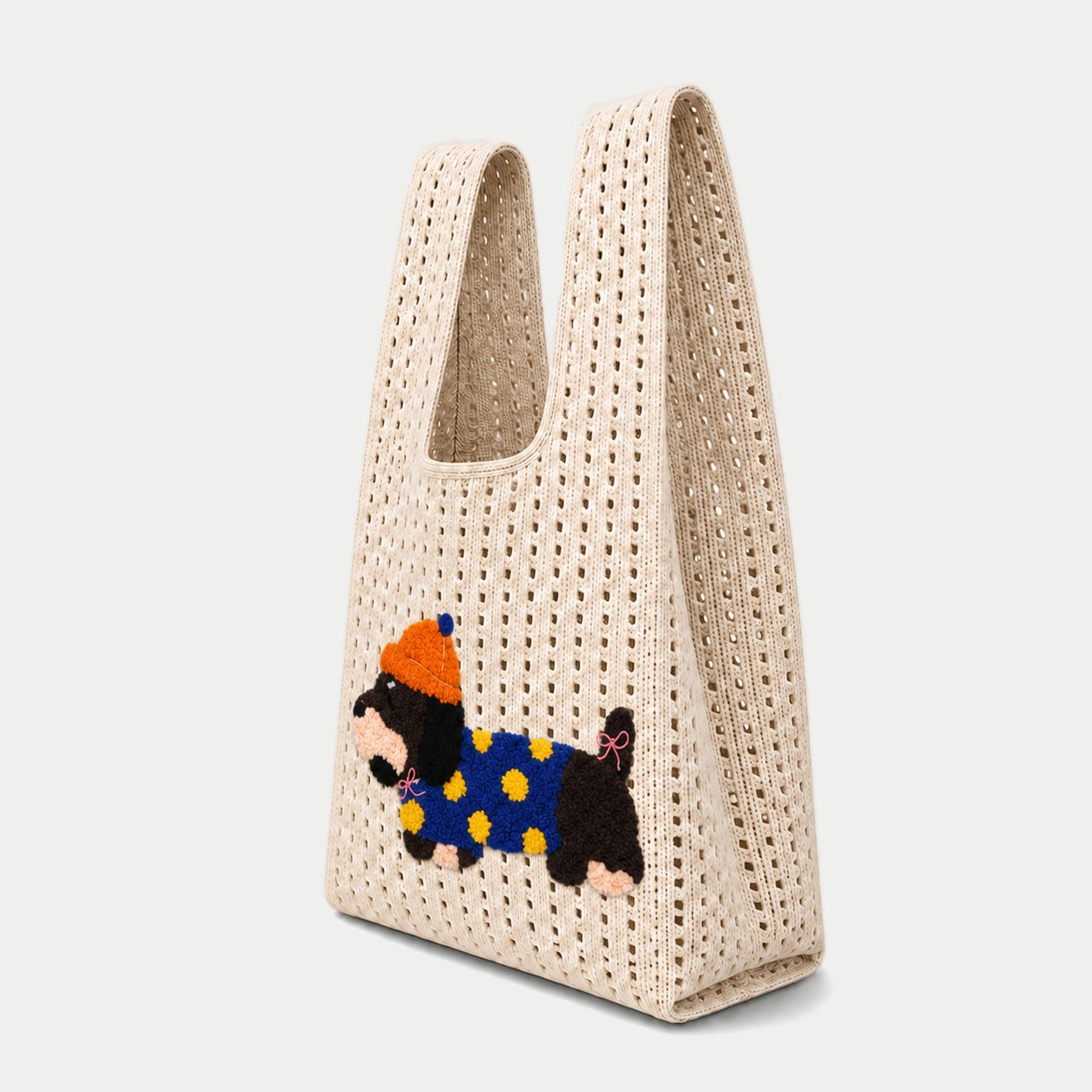 Dog Appliqué Open Knit Tote Bag