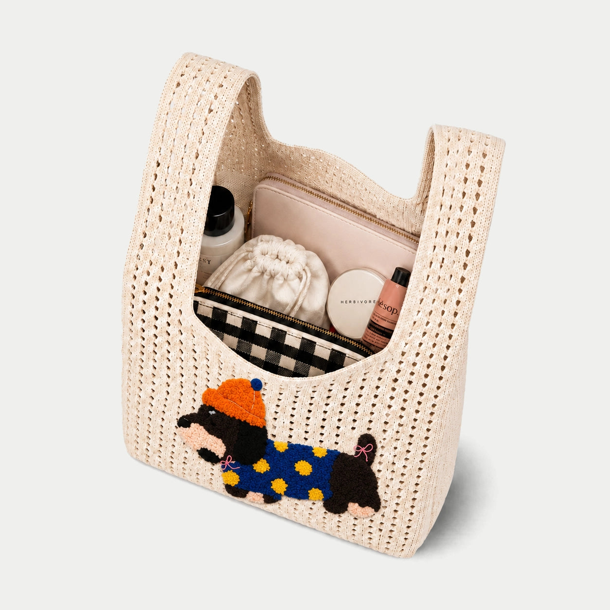 Dog Appliqué Open Knit Tote Bag