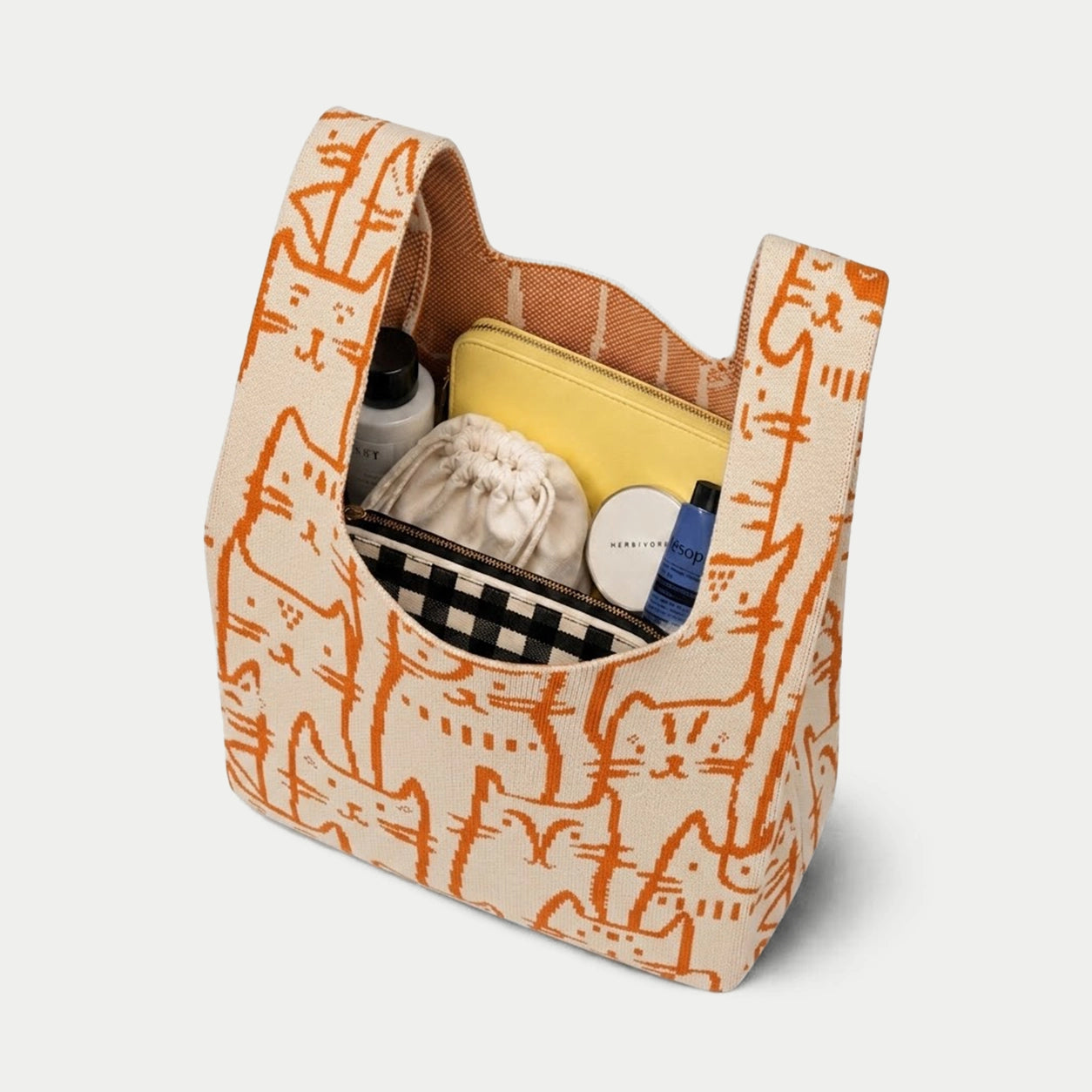 Cat Pattern Knit Tote Bag