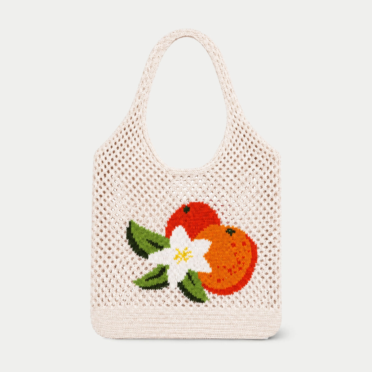 Cream open knit tote bag with orange fruit, white blossom and green leaf motifs, featuring an airy openwork texture and integrated knitted handles by Tokeii.