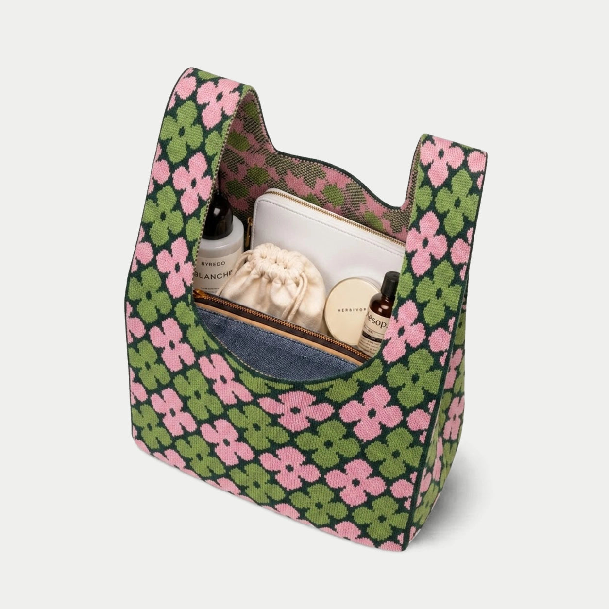 Vintage Floral Knit Tote Bag