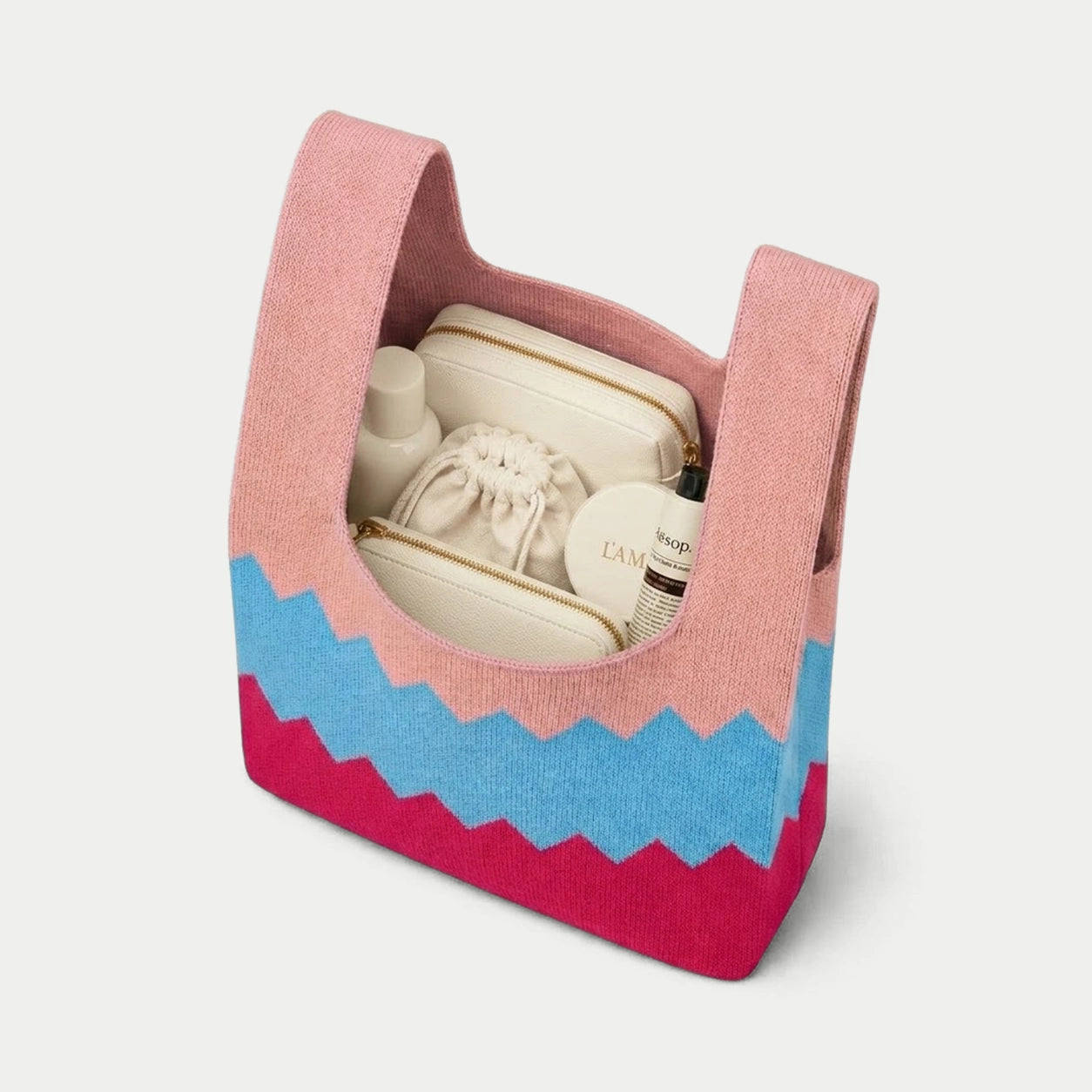 Zigzag Color Block Knit Tote Bag