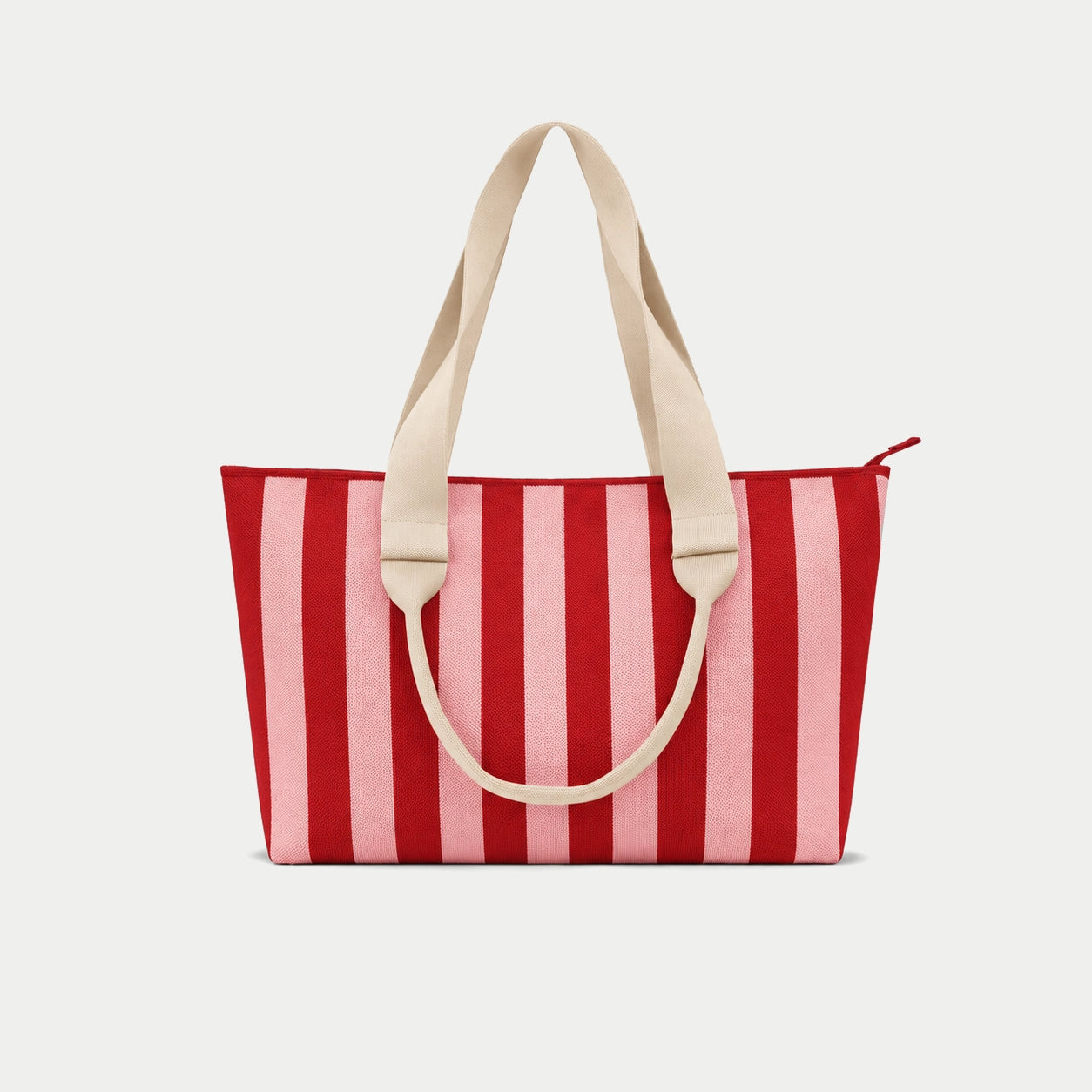 Red and pink vertical stripe knit large tote bag with contrasting cream shoulder handles and top zip closure by Tokeii.