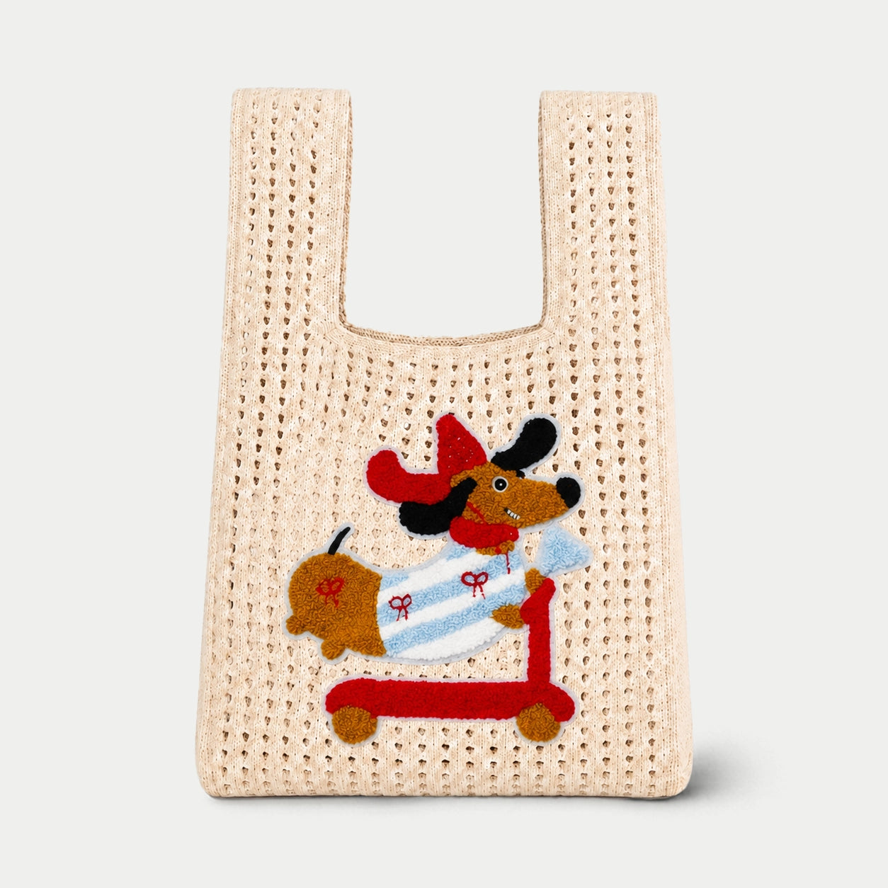 Dog Appliqué Open Knit Tote Bag