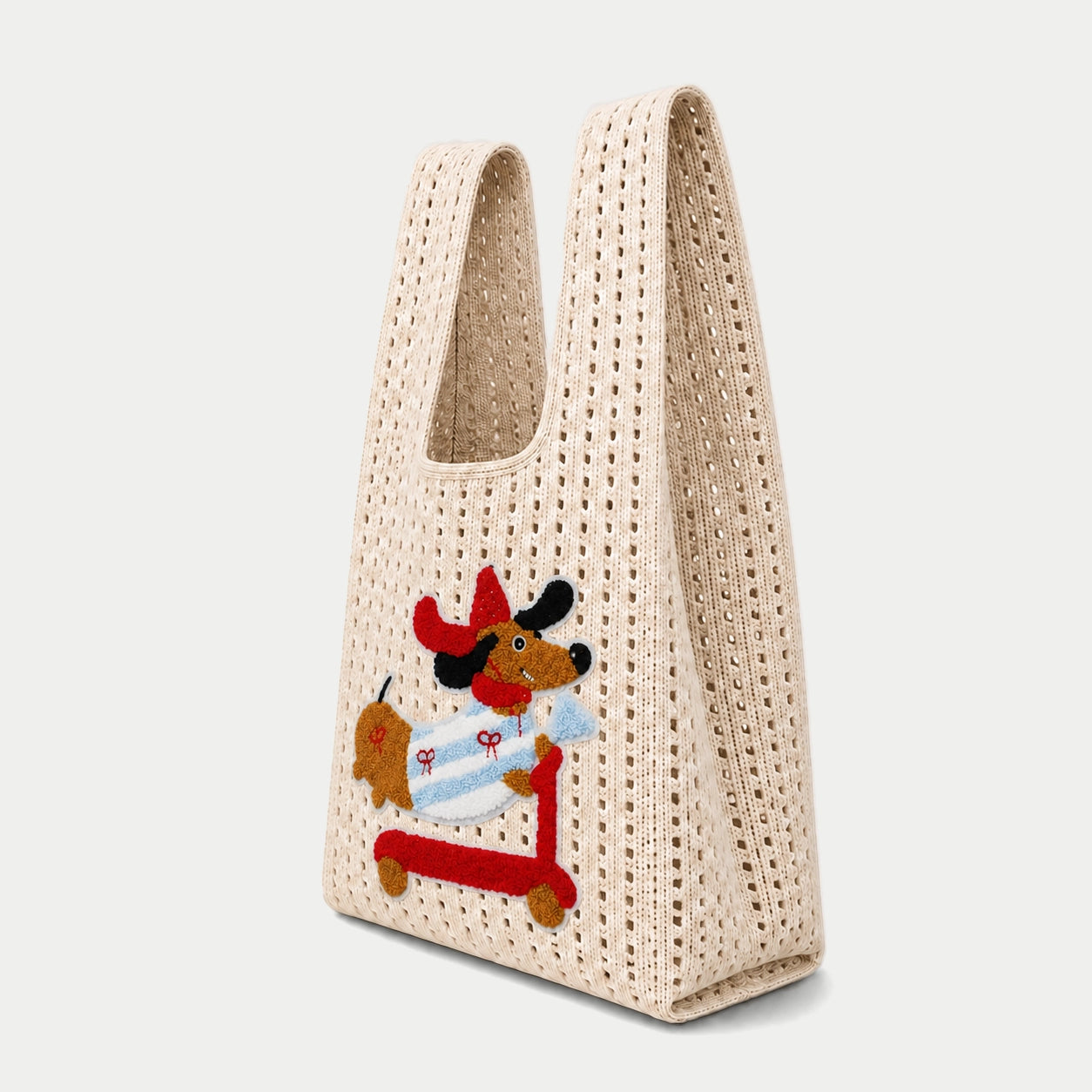 Dog Appliqué Open Knit Tote Bag