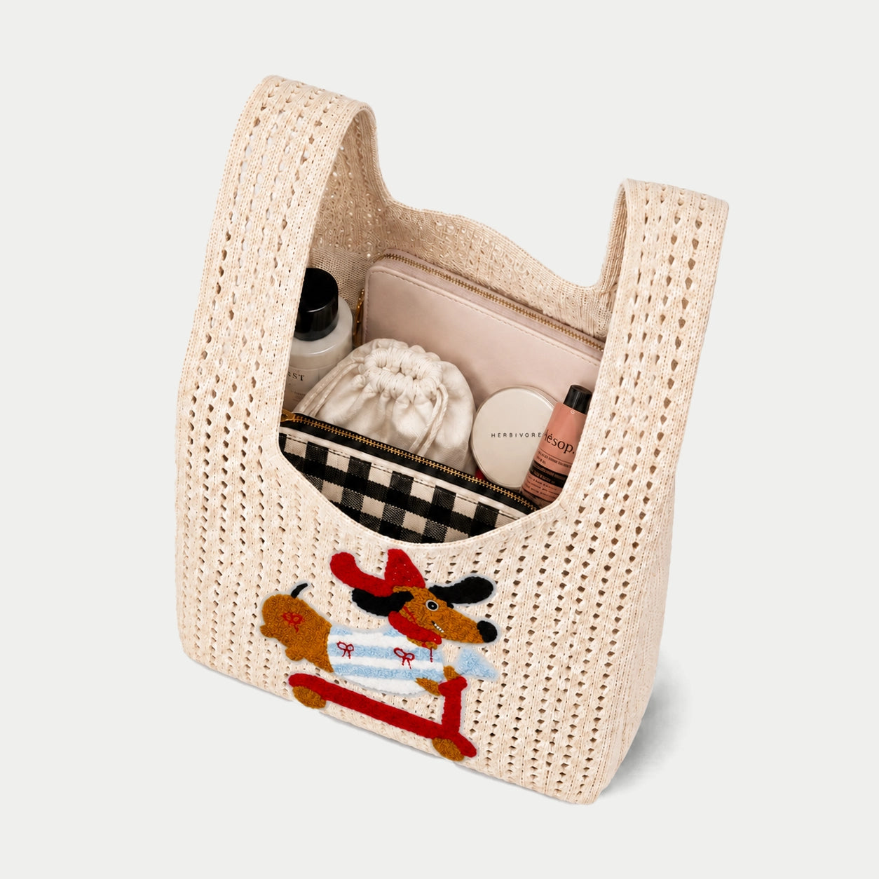 Dog Appliqué Open Knit Tote Bag