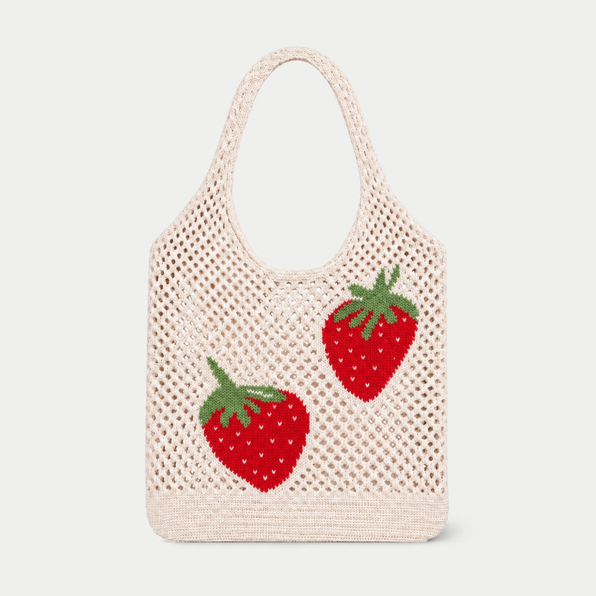 Cream open knit tote bag with large red strawberry motifs and green leaves, featuring an airy openwork texture and integrated knitted handles by Tokeii.